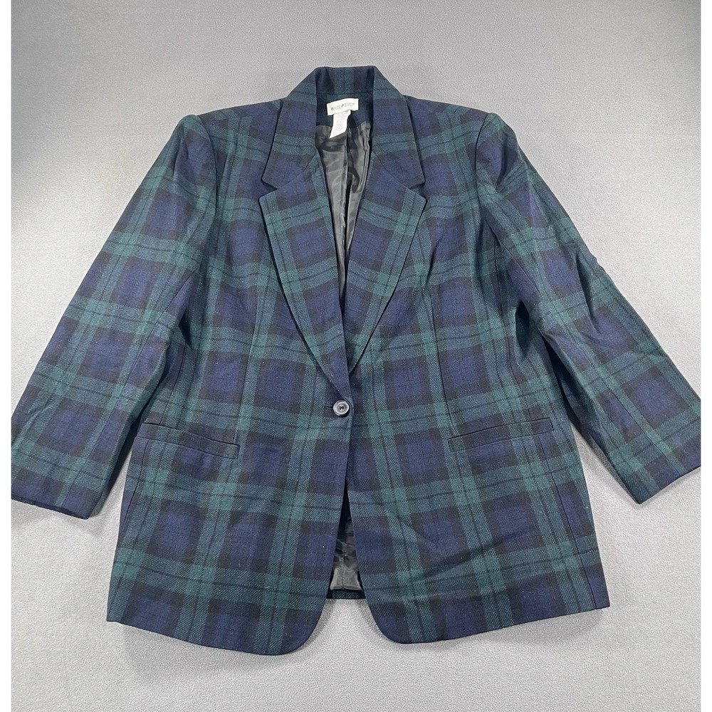 VTG 90s White Stag 16 Wool Blend Green Navy Plaid Blazer Jacket Preppy Tailored